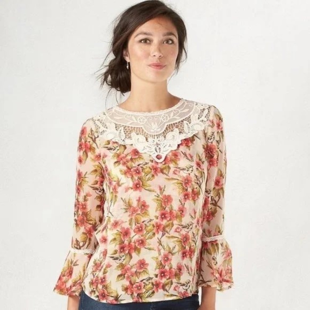 Disney LC Lauren Conrad Floral Blouse Bell Sleeve‎ Lace Trim Sheer Top XS